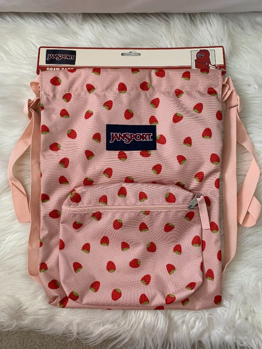 JANSPORT Strawberry Shower Nylon Draw Sack Backpack in Pink